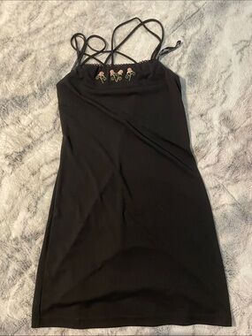 City Triangles Black Slip Dress with Pink Floral Embroidery Y2K Feminine